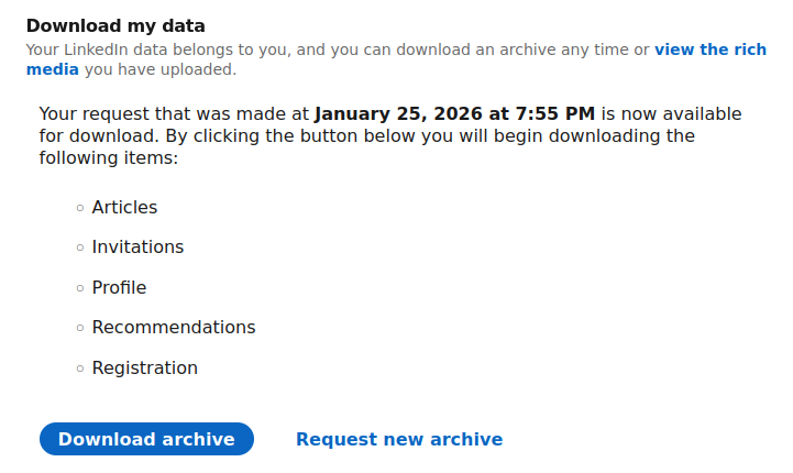 Screenshot of LinkedIn and the option to export data