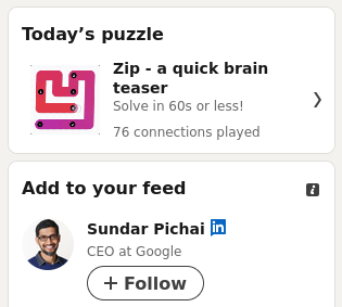 Screenshot of LinkedIn with invitation to do a puzzle game or follow CEO of Google