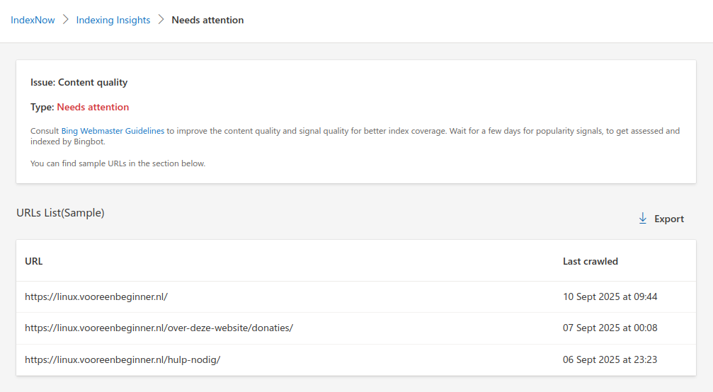Screenshot of IndexNow in Bing Webmaster Tools showing content quality issue