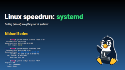 First slide of presentation about the Linux speedrun of systemd